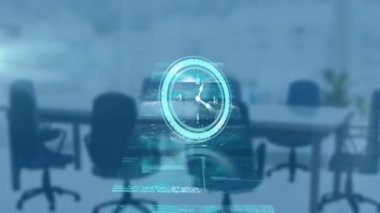 Boş ofis üzerinde saat ve veri işleme animasyonu. küresel iş, dijital arayüz, teknoloji ve ağ konsepti dijital olarak oluşturulmuş video.