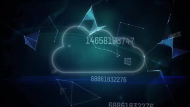 Ağ üzerinde veri işleme animasyonu ve siyah arkaplanda parlayan mavi küre. dijital ağ ve küresel iletişim konsepti dijital olarak oluşturulmuş video.