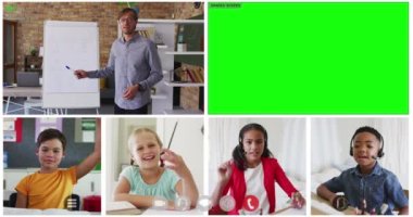 Çevrimiçi derste yeşil ekran ve çeşitli öğretmenlerin video ekranları ve dört çocuğun animasyonu. küresel iletişim teknolojisi ve çevrimiçi eğitim konsepti, dijital olarak oluşturulmuş video.