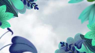 Bulutların üzerindeki tropikal yaprakların animasyonu. küresel bağlantılar, iş dünyası, dijital arayüz, teknoloji ve ağ konsepti dijital olarak oluşturulmuş video.