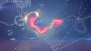 Parlayan dalgalar üzerindeki bağlantı ağlarının animasyonu. küresel bağlantılar, iş dünyası, dijital arayüz, teknoloji ve ağ konsepti dijital olarak oluşturulmuş video.