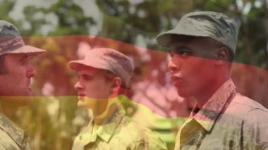 Ordu çavuşunu selamlayan askere karşı Alman bayrağı sallamanın dijital kompozisyonu. asker ordusu ve vatanseverlik kavramı