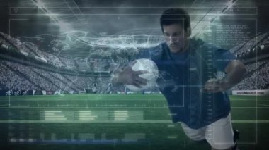 Spor stadyumundaki ragbi maçında ragbi oyuncusu üzerinden veri işleme animasyonu. küresel spor, rekabet ve veri işleme kavramı dijital olarak oluşturulmuş video.