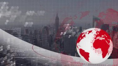 Dünya ve şehir haritasında finansal veri işleme animasyonu. küresel finansman, iş dünyası, dijital arayüz ve teknoloji konsepti dijital olarak oluşturulmuş video.