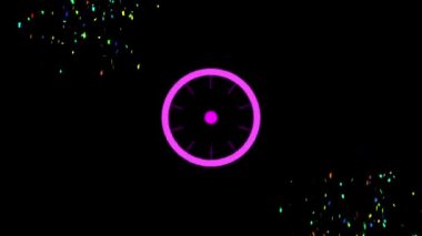 Renkli konfetilerin üzerinde hareket eden pembe dairesel tarayıcının koyu arkaplana düşüşünün animasyonu. kutlama, parti, teknoloji ve olay konsepti dijital olarak oluşturulmuş video.