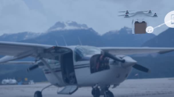 Animation Réseau Connexions Avec Des Icônes Sur Drone Transportant Colis — Video