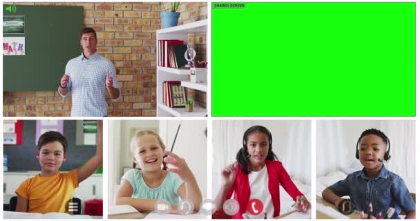 オンラインレッスンでは 多様な教師と4人の子供の緑の画面とビデオ画面のアニメーション 世界的な通信技術とオンライン教育の概念デジタルで生成されたビデオ — ストック動画