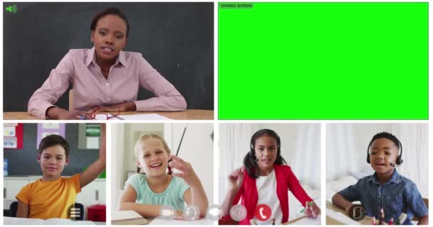 Animazione Sei Schermi Bambini Diversi Insegnante Schermo Verde Durante Lezione — Video Stock