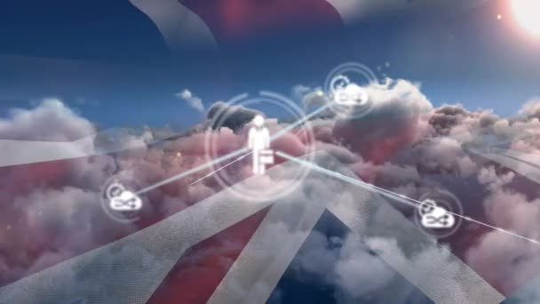 Redes Conexiones Con Iconos Sobre Cielo Nublado Con Bandera Británica — Vídeo de stock