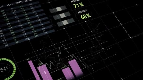 Animación Del Procesamiento Datos Estadísticas Sobre Fondo Negro Conexión Global — Vídeos de Stock