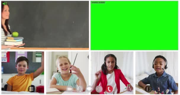 Animation Six Screens Diverse Children Teacher Green Screen Online School — Stock Video