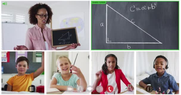 Animation Six Screens Diverse Children Teacher Chalkboard Online Maths Lesson — Stock Video