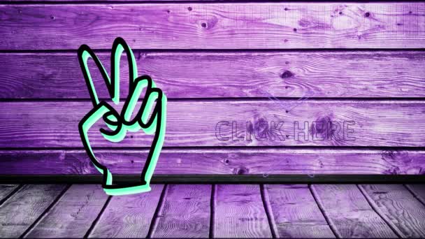 Neon Klik Hier Tekst Hand Vredessymbool Tegen Paarse Houten Achtergrond — Stockvideo
