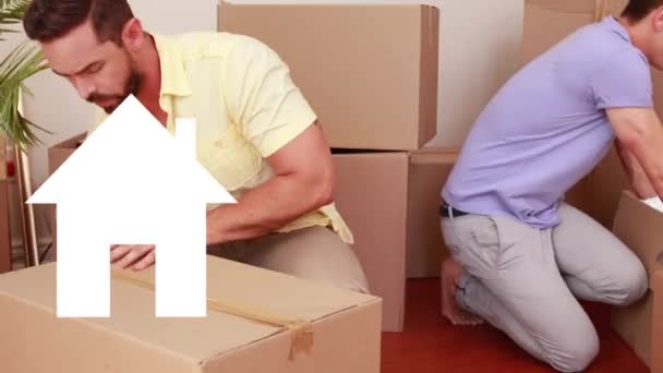 남자가 상자를 포장하면서 분홍색으로 채워지는 아이콘 애니메이션 부동산 디지털 애니메이션 — 비디오