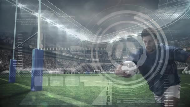 Animatie Van Scanning Gegevensverwerking Rugbyspelers Rugbyveld Mondiaal Concept Voor Sport — Stockvideo
