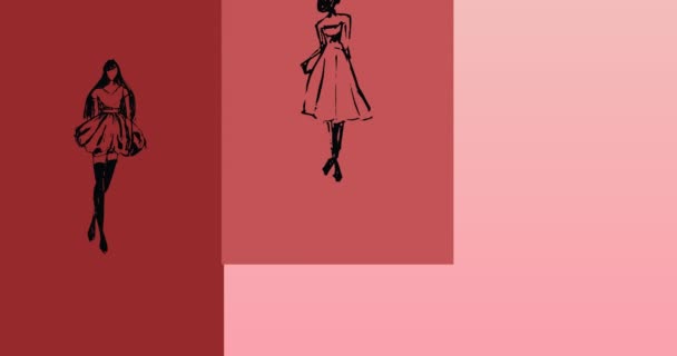 赤い背景にモデルのファッション図面のアニメーション ファッションデザイン ファッションショーや服のコンセプトデジタルアニメーション — ストック動画