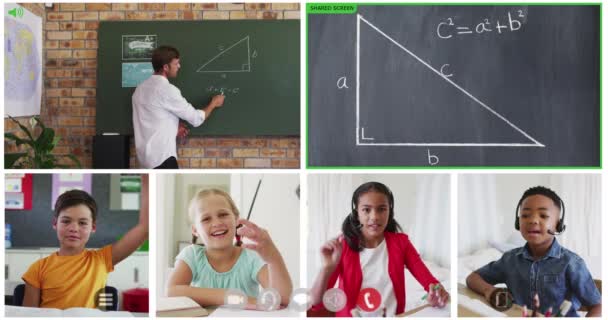 Animación Seis Pantallas Diversos Niños Maestro Pizarra Durante Lección Matemáticas — Vídeos de Stock