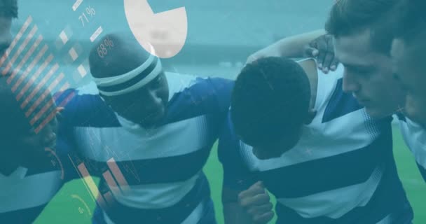 ラグビー選手に関する統計のアニメーション 世界中のスポーツ テクノロジー デジタルインターフェイスと接続の概念デジタル生成されたビデオ — ストック動画