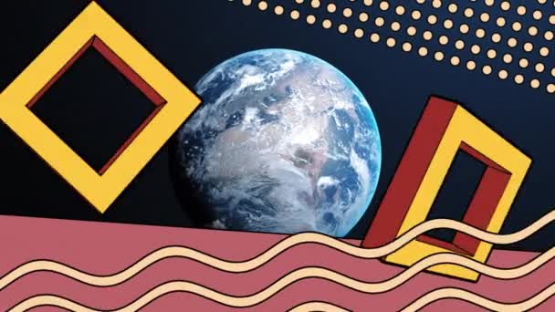 Animación Formas Retro Abstractas Sobre Planeta Tierra Conexiones Globales Interfaz — Vídeos de Stock