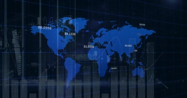 Animación Estadísticas Números Procesamiento Datos Financieros Través Del Mapa Mundial — Vídeo de stock