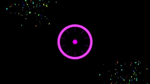 ピンクの円形スキャナのアニメーションは 暗い背景に落ちるカラフルな菓子の上を移動します お祝いパーティーテクノロジーイベントコンセプトデジタルで生成されたビデオ — ストック動画