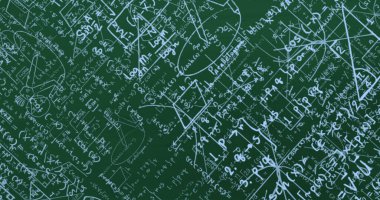 Yeşil üzerine mavi matematiksel formüller ve geometrik çizimler. eğitim bilimi araştırma konsepti dijital olarak oluşturulmuş görüntü.