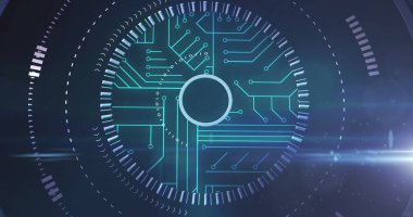 Parlak yeşil çember dürbünlü dijital devre kartı. küresel çevrimiçi ağ teknolojisi bağlantı konsepti dijital olarak oluşturulmuş görüntü.