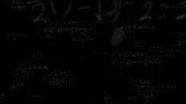 Kulaklık üzerinden matematik denklemlerinin animasyonu. küresel eğitim, bilim, dijital arayüz ve dijital olarak üretilen video konsepti.