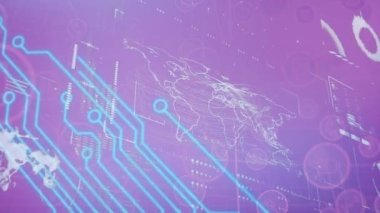 İşlemci devre kartı ile istatistik ve veri işleme animasyonu. küresel dijital arayüz, teknoloji ve ağ konsepti dijital olarak oluşturulmuş video.