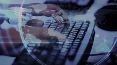 Bilgisayar klavyesinde yazı yazan eller üzerinden bağlantı ağının animasyonu. bağlantı, teknoloji ve dijital arayüz kavramı dijital olarak oluşturulmuş video.