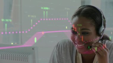 Telefon kulaklığı takan iş kadınının istatistik ve veri işleme animasyonu. iş, bağlantı, teknoloji ve dijital arayüz konsepti dijital olarak oluşturulmuş video.