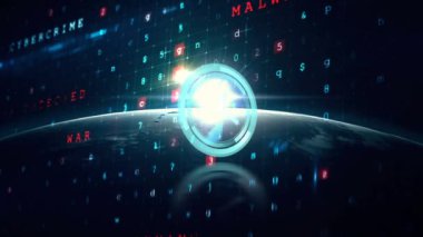 Veri işleme ve dönen dünya üzerinde hareket eden saatin canlandırması, siyah arkaplan üzerinde. 