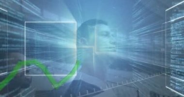 Ragbi oyuncuları üzerinde yeşil çizgi ve veri işleme animasyonu. global spor, rekabet, veri işleme ve teknoloji konsepti dijital olarak oluşturulmuş video.