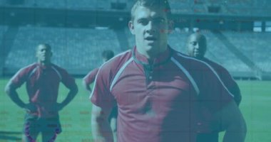 Ragbi oyuncularının istatistiklerinin animasyonu. global spor, teknoloji, dijital arayüz ve bağlantılar konsepti dijital olarak oluşturulmuş video.