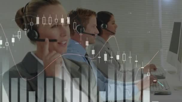 Animatie Van Statistieken Gegevensverwerking Zakelijke Mensen Met Een Telefoonheadset Bedrijfs — Stockvideo