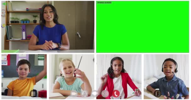Animacja Sześciu Ekranów Różnych Dzieci Nauczyciela Zielony Ekran Podczas Lekcji — Wideo stockowe