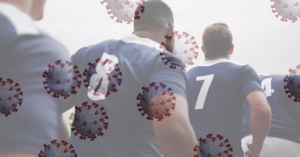 在Rugby播放器上使用Covid 19病毒细胞进行数字接口动画 医学研究技术与体育概念数码动画 — 图库视频影像