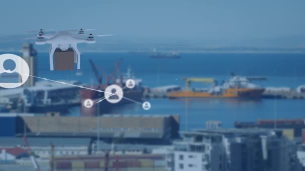 Animacja Sieci Połączeń Ikonami Nad Dronem Przewożącym Paczkę Globalna Żegluga — Wideo stockowe