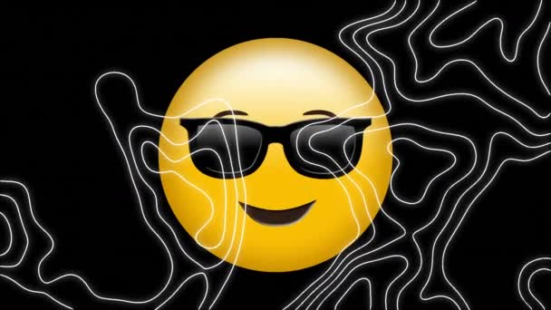 Animation Emoji Wearing Sunglasses Icon Black Back Ground Line Map — 图库视频影像