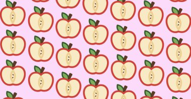 Kırmızı elma parçalarının kompozisyonu açık pembe arka planda sırayla tekrarlanıyor. okul, sağlıklı beslenme, eğitim ve öğrenim konsepti dijital olarak oluşturulmuş imaj.