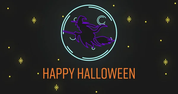 Obraz Neonu Happy Halloween Tekst Dekoracja Latającą Wiedźmą Miotle Czarnym — Zdjęcie stockowe