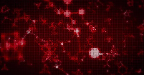 Imagem Múltiplas Moléculas Vermelhas Pixeladas Brilhantes Sobre Fundo Vermelho Conceito — Fotografia de Stock