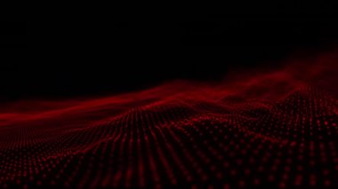 Siyah arkaplandaki kırmızı noktaların dalgalı şekillerinin animasyonu. Doğa, değişim, hareket ve enerji konsepti dijital olarak oluşturulmuş video.
