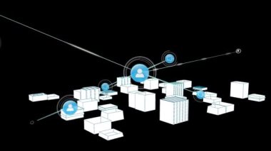 3D şehir çizimleri üzerindeki simgelerle bağlantı ağının animasyonu. küresel mimari, bağlantılar, dijital arayüz ve teknoloji konsepti dijital olarak oluşturulmuş video.