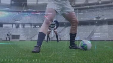 Spor stadyumundaki ragbi maçında veri işleme animasyonu. küresel spor, rekabet ve veri işleme kavramı dijital olarak oluşturulmuş video.