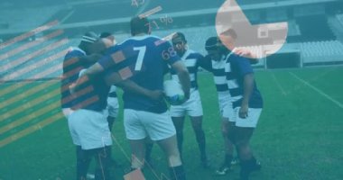 Ragbi oyuncularının istatistiklerinin animasyonu. global spor, teknoloji, dijital arayüz ve bağlantılar konsepti dijital olarak oluşturulmuş video.