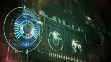 Koyu arkaplandaki saat ve istatistik işlemlerinin animasyonu. business, data işleme, bağlantı, teknoloji ve dijital arayüz kavramı dijital olarak oluşturulmuş video.