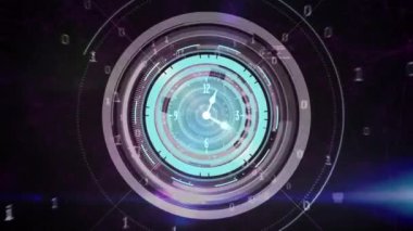 Saatin animasyonu, kapsamlı tarama ve ikili kodlama, veri işleme. küresel dijital arayüz, teknoloji ve ağ konsepti dijital olarak oluşturulmuş video.