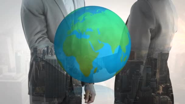 Animation Globe Business People Shaking Hands Business Success Connection Technology — Stock Video