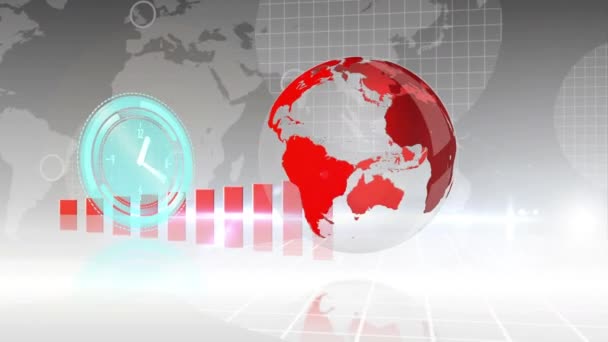 Animación Reloj Procesamiento Estadísticas Todo Mundo Negocio Procesamiento Datos Conexión — Vídeo de stock